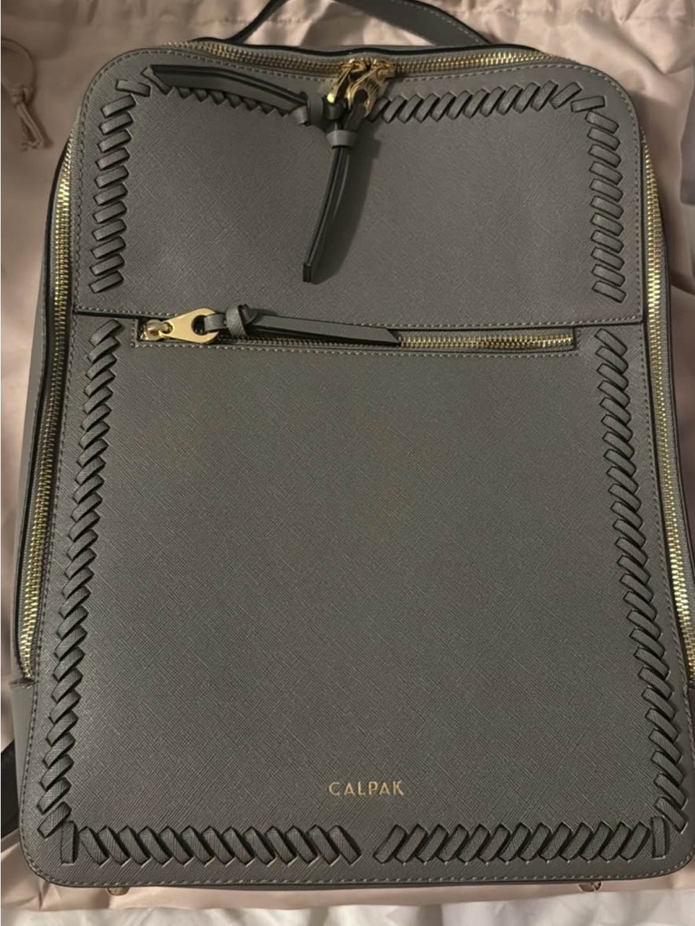 Calpak Gray Laptop Backpack with Woven Trim and Gold Hardware